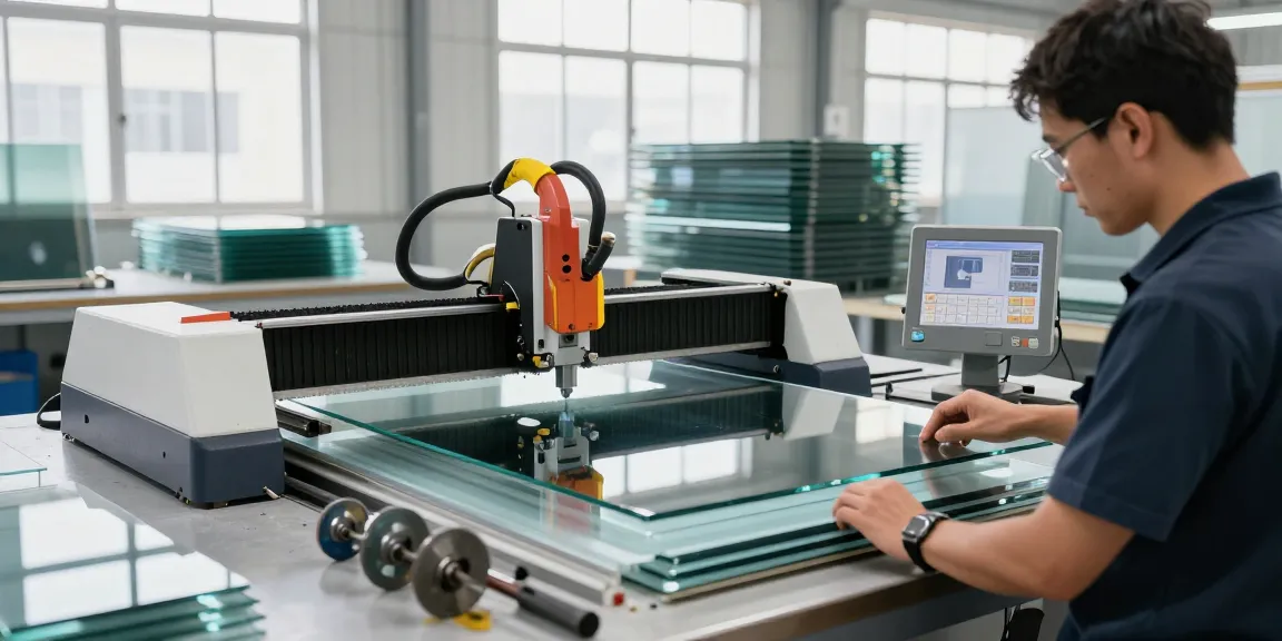 Technician operating a cutting machine glass in a modern industrial workshop, showcasing precision tools and glass sheets.