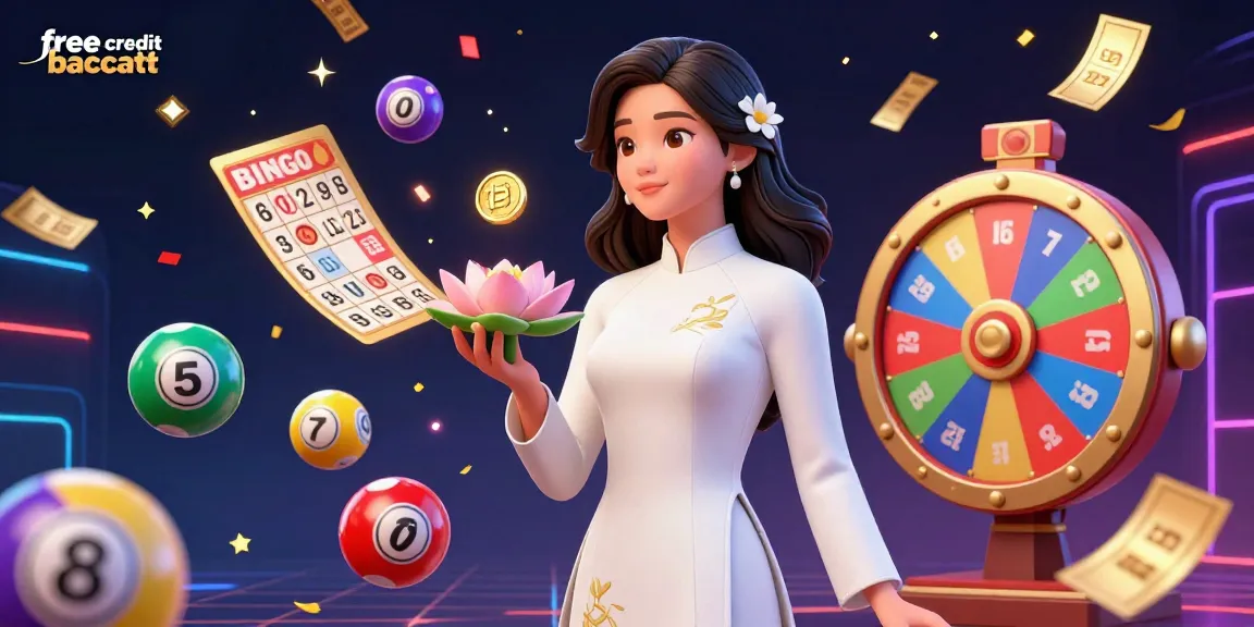 Experience exciting free credit baccarat with colorful elements and a serene Asian woman amidst a vibrant casino scene.