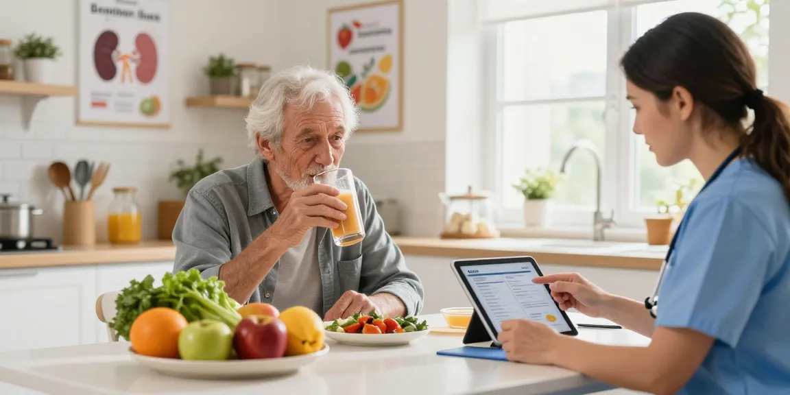 Senior enjoying Nepro HP nutritional drink while discussing dietary needs with a nutritionist.