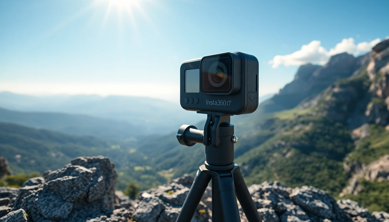 View of the insta360 antigravity a1 positioned on a rocky peak, capturing breathtaking landscapes.