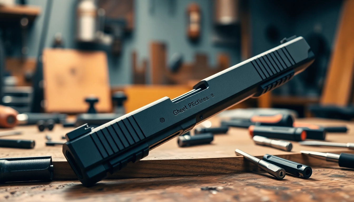 View the glock 19 gen 5 mos slide on a workbench, highlighting its design features.