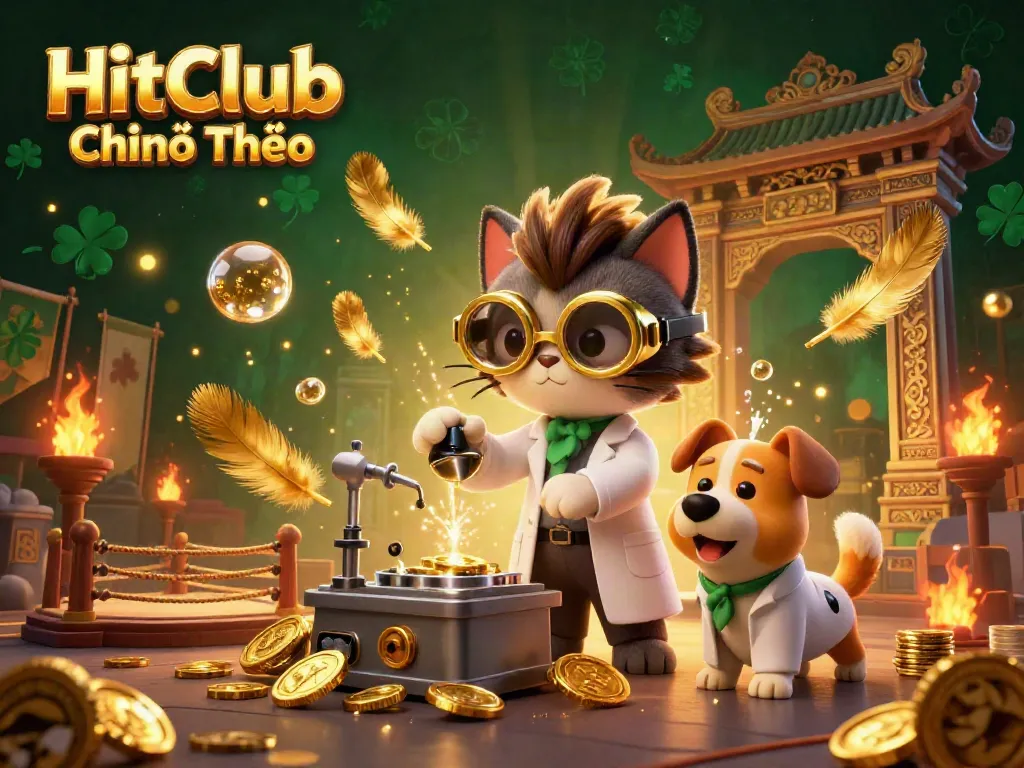 Experience the excitement of HitClub Chính Thức with a mad scientist cat and dog in a treasure-filled lab illustration.