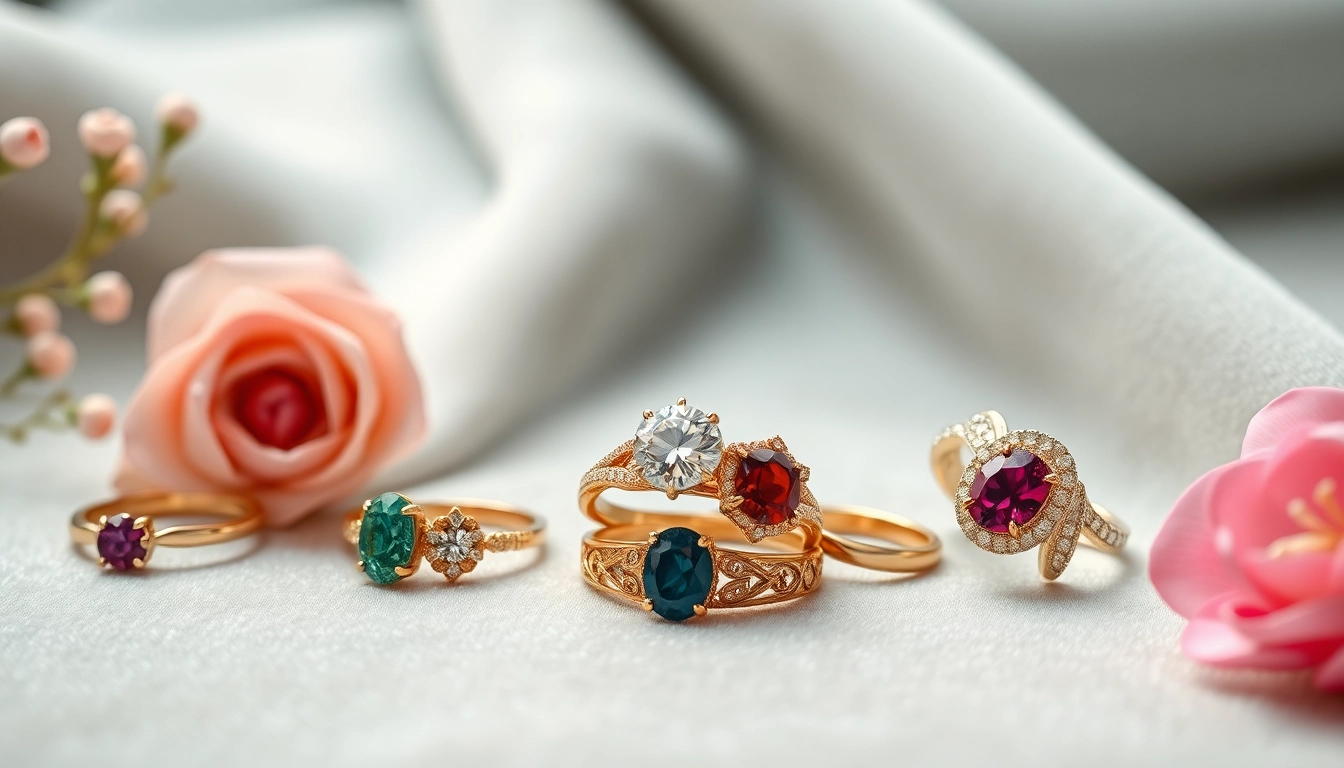 Showcase of luxury rings with stunning gemstones and detailed bands, radiating elegance and craftsmanship.