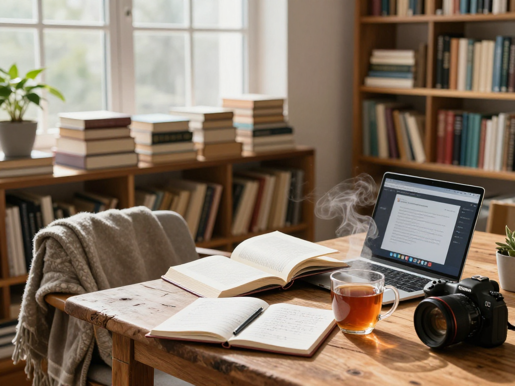 Explore knowledge with https://selfeducatedamerican.com in a cozy library setting highlighting books and study materials.