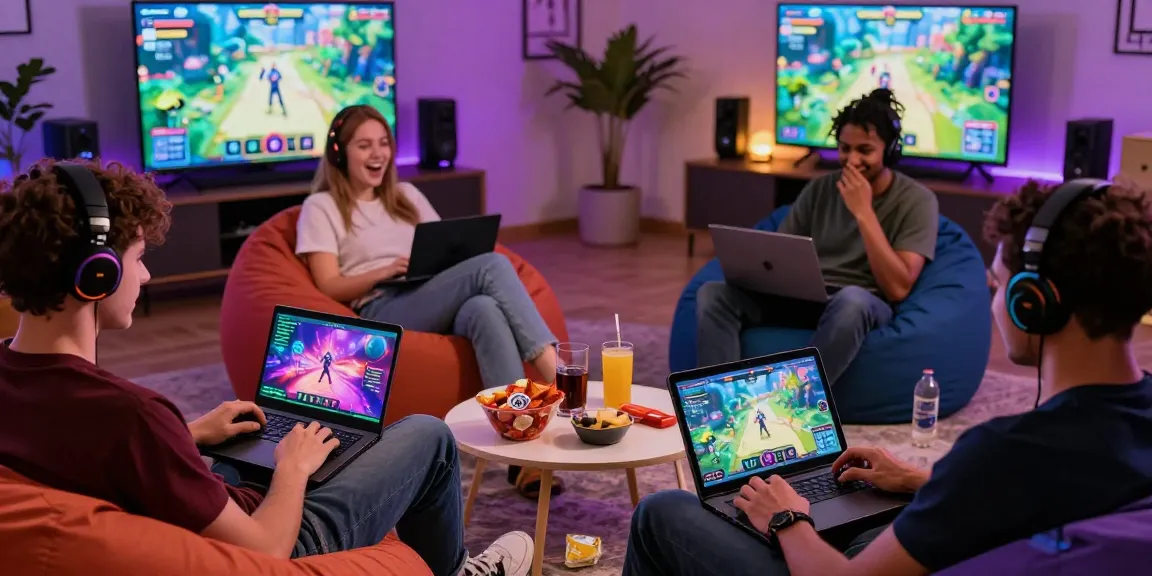 Engaged players enjoying a sex game together on multiple devices in a cozy gaming environment.