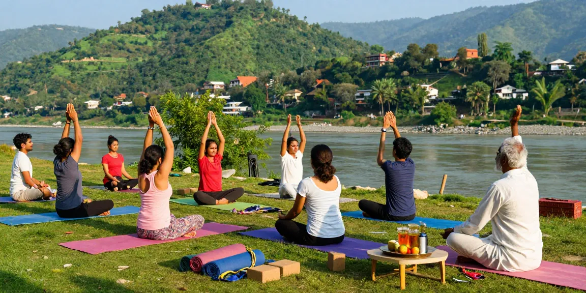 Yoga teacher training in Rishikesh India: Students practicing yoga outdoors overlooking the Ganges River, guided by an instructor.