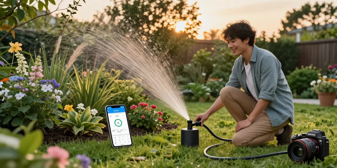 Setting up a rainpoint water timer in a vibrant garden with blooming flowers and smart app interface.