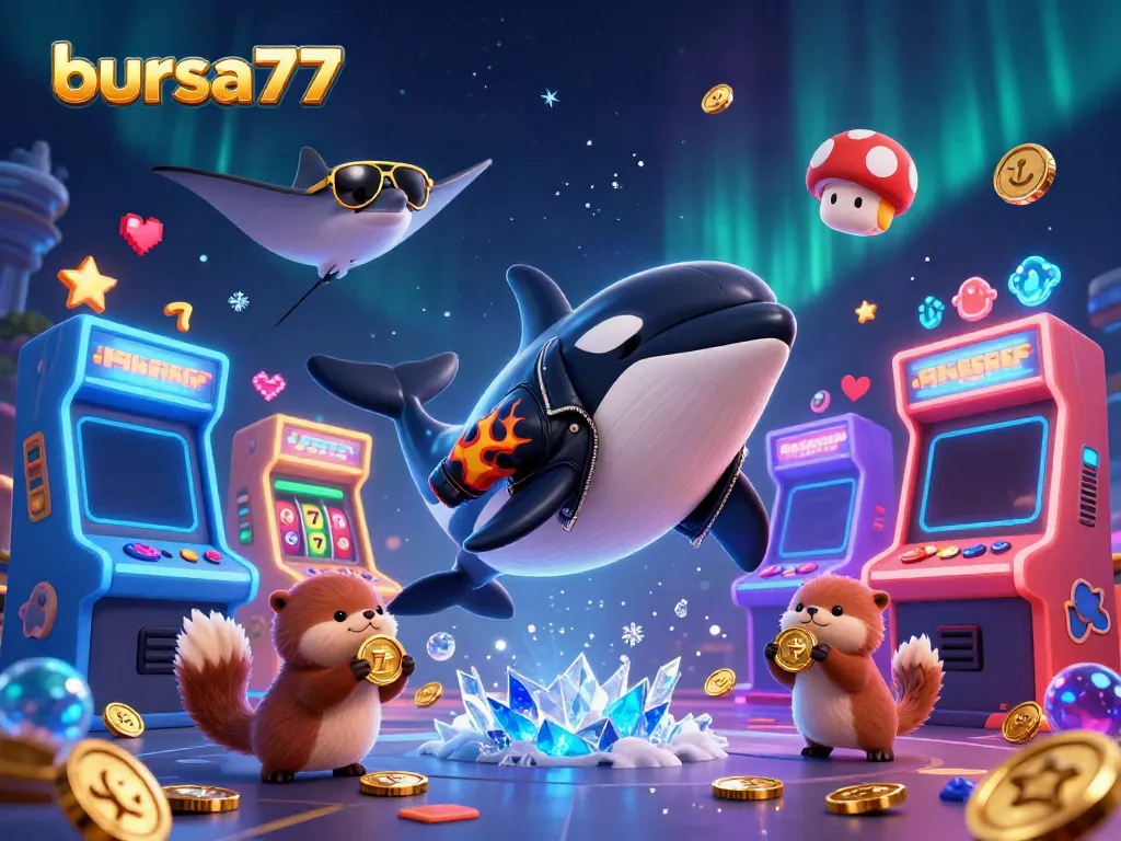 Permainan slot online bursa777 diwakili oleh orka, ikan pari, dan berang-berang simbol uang emas.