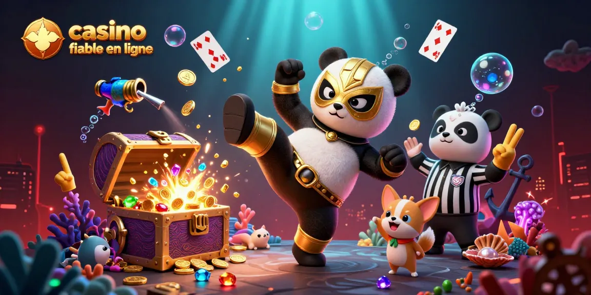Engagez-vous avec casino fiable en ligne où un panda lutteur donne un coup de pied, et de petits fans applaudissent dans une scène vibrante.