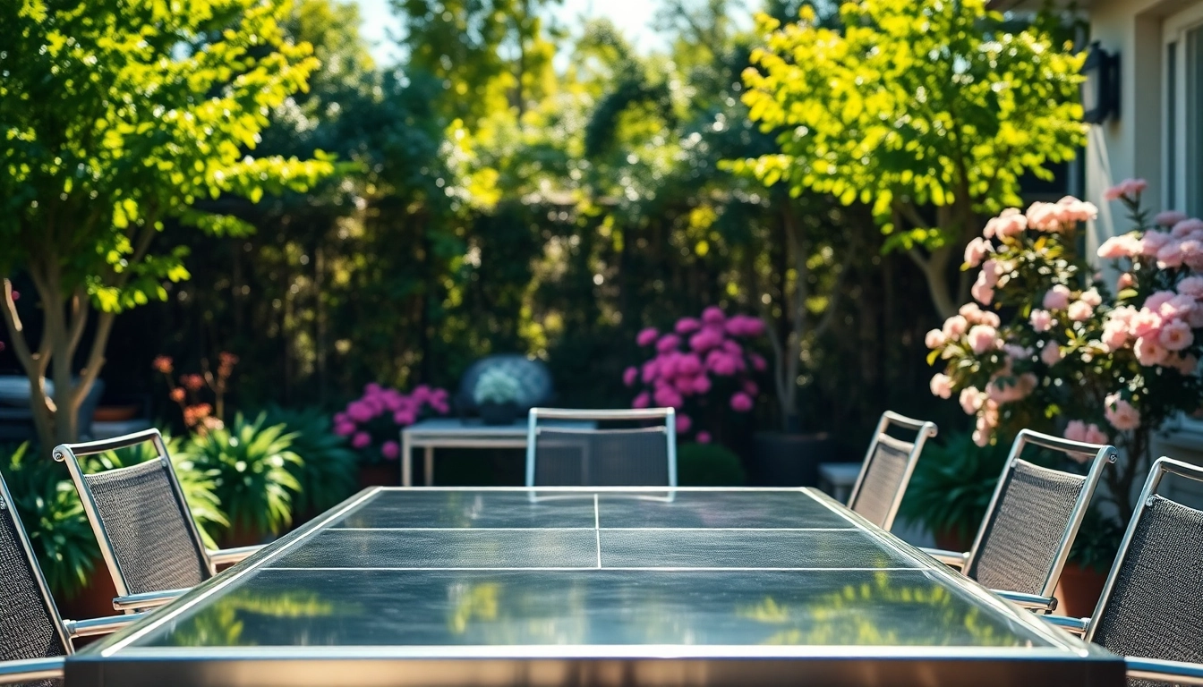 Stainless steel furniture elegantly arranged in a bright outdoor patio, enhancing natural beauty.