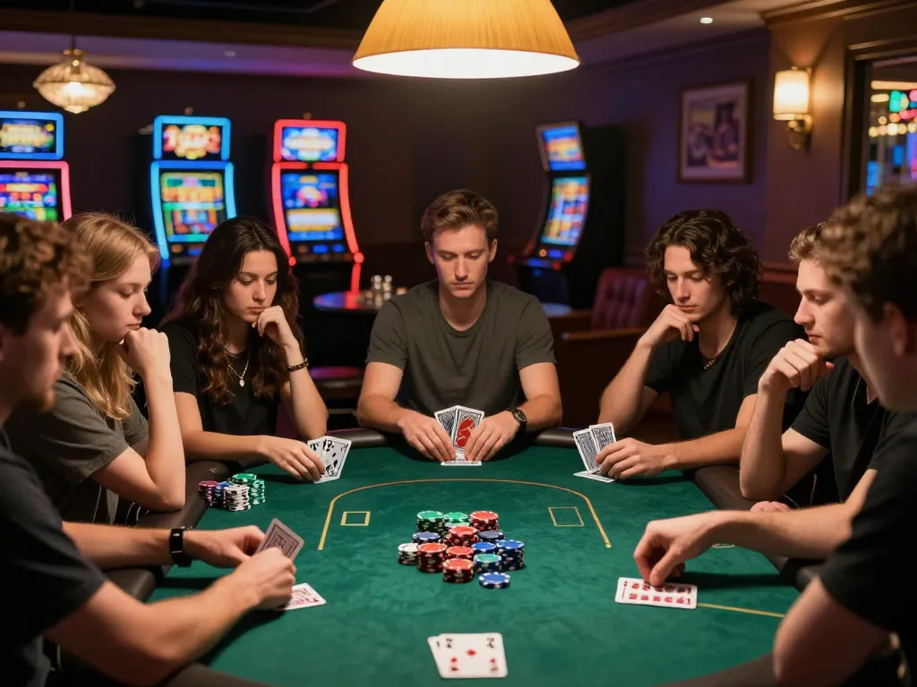 B52 players engaged in strategic poker game at upscale casino table, celebrating key decisions and camaraderie.