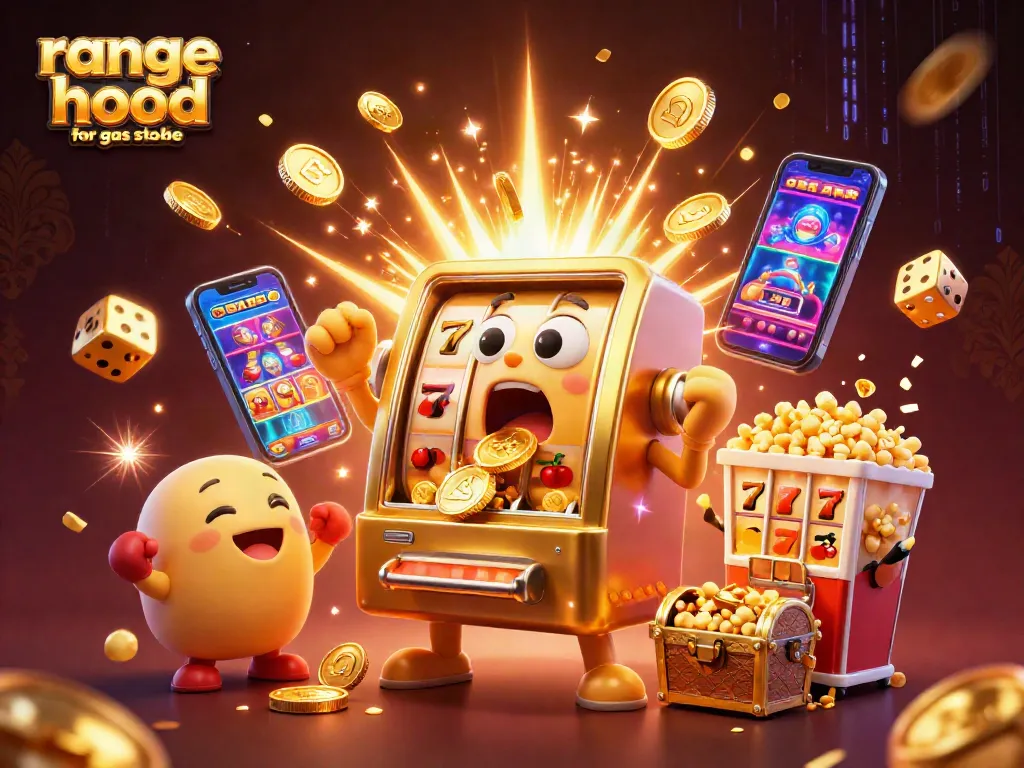Spinning a winning range hood for gas stove jackpot, with vibrant casino elements and celebrating characters.