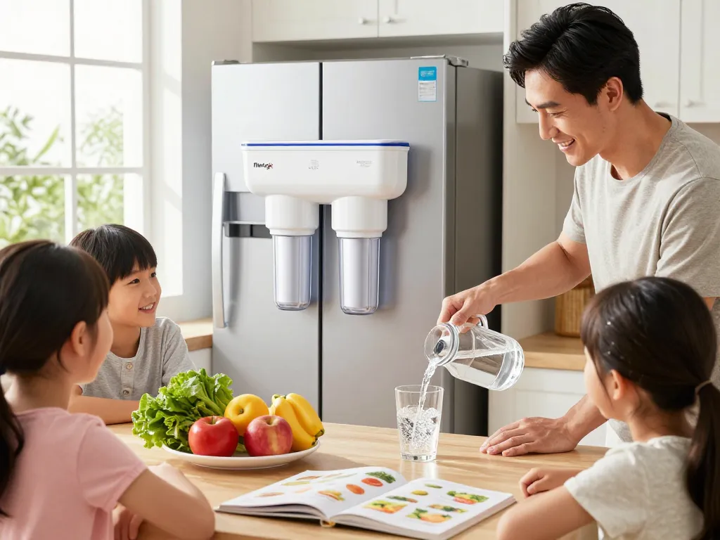 Family enjoying clean water with Filterlogic 4396508 Refrigerator Water Filter in a bright kitchen.