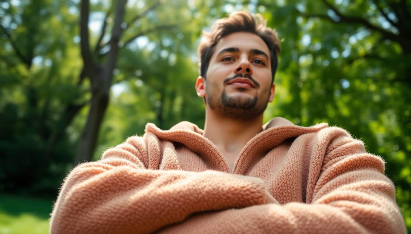 Ervaar de zachtheid van geodkope fleece met een model dat geniet van de natuur.
