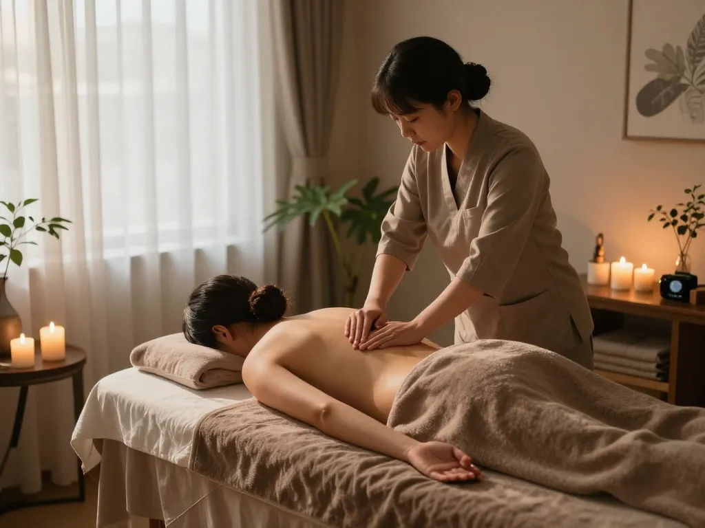편안한 요소가 있는 평화로운 스파룸에서의 강남마사지 치료 세션.