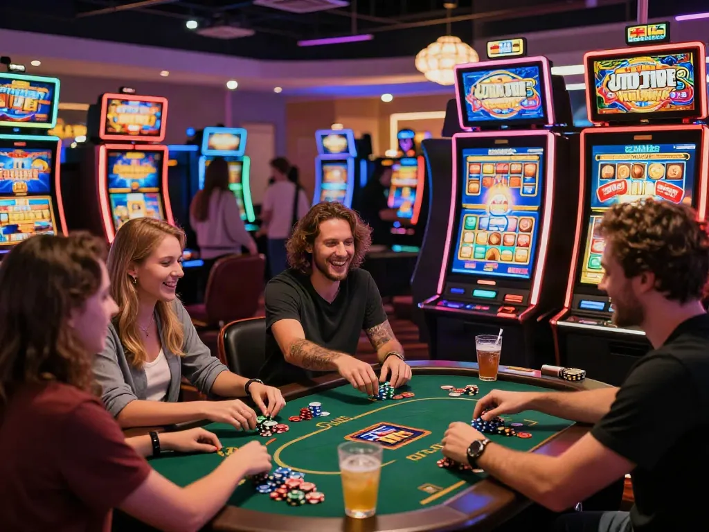 Friends enjoying slot games together at a lively casino.