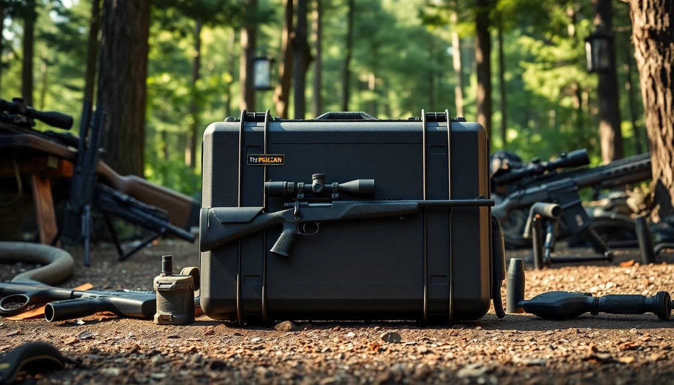 Showcasing a durable pelican rifle case alongside essential gear in a vibrant outdoor setting.