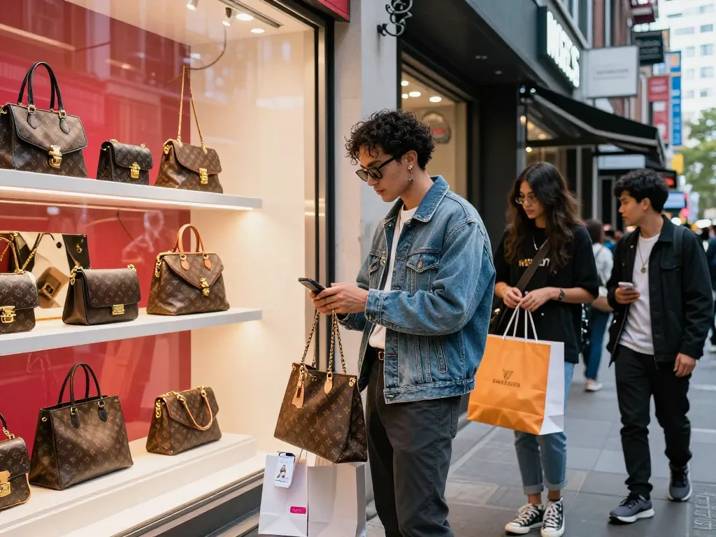 Shopper exploring high-quality 레플리카 사이트 in an urban setting with stylish replica accessories.