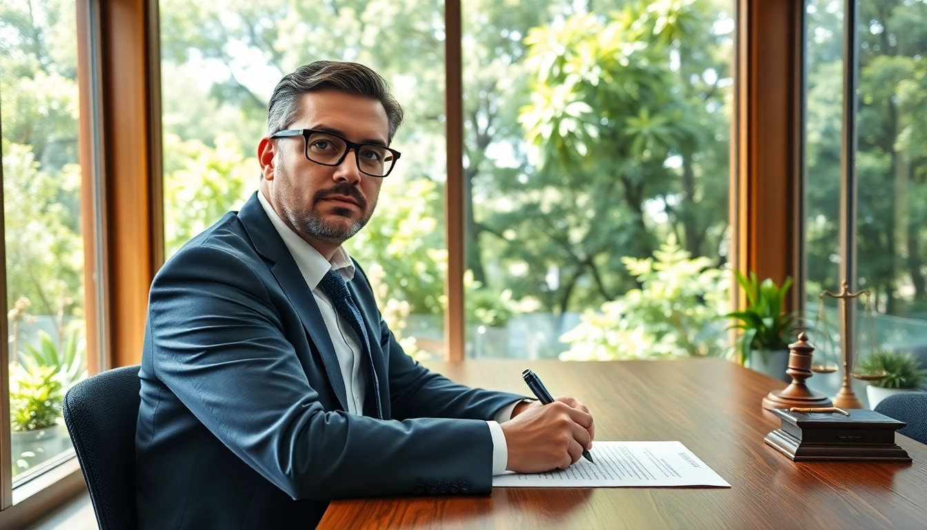 Environmental lawyer consulting in a bright office with greenery, showcasing legal expertise.