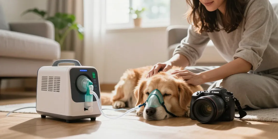 PetAir oxygen therapy for pets, featuring a dog resting with an oxygen mask in a cozy home.