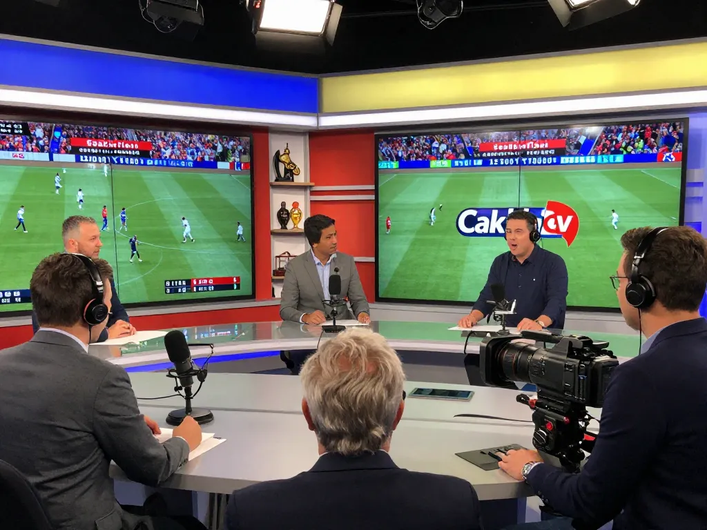 Dynamic sports broadcasting scene showcasing Cakhiatv 24h with lively commentators and live match displays.
