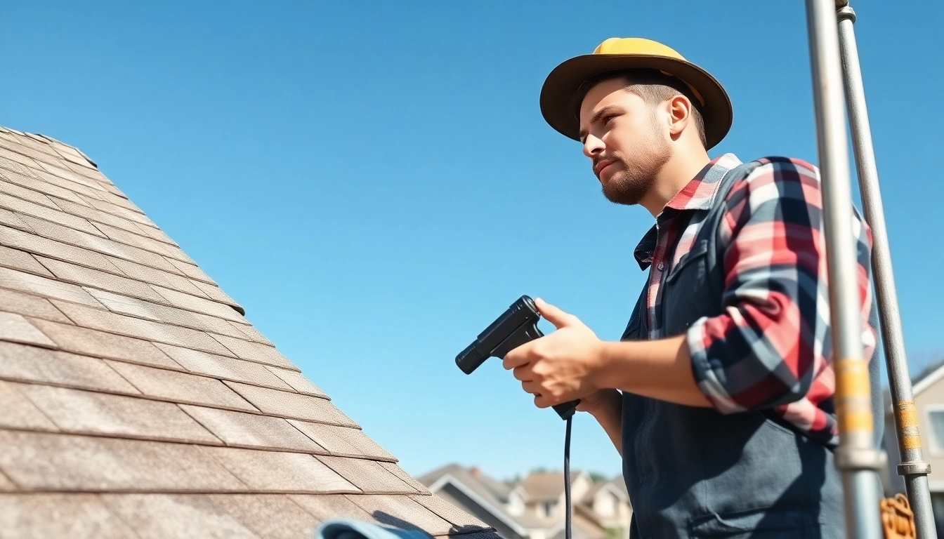 Roof repair professional assessing a roof's condition with tools, ensuring quality service.