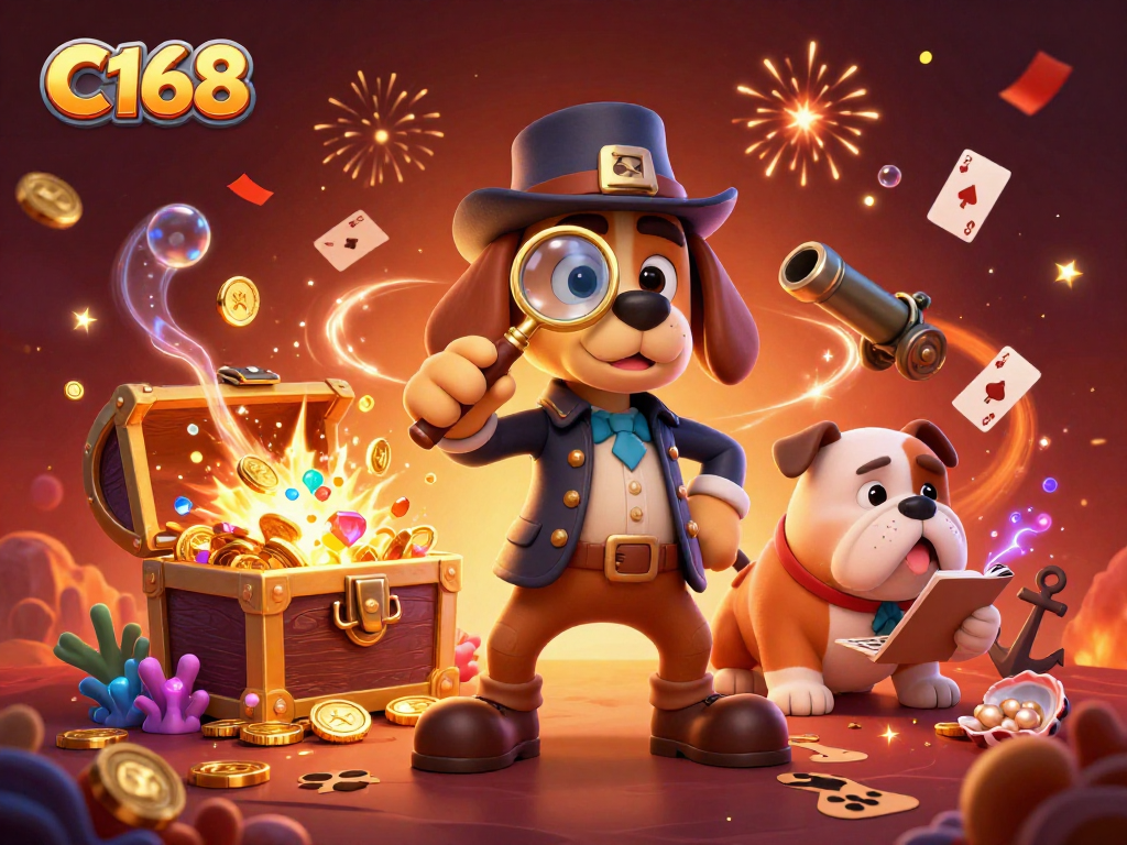 C168 enhances gameplay with a detective theme exploring treasures in a vibrant casino scene.