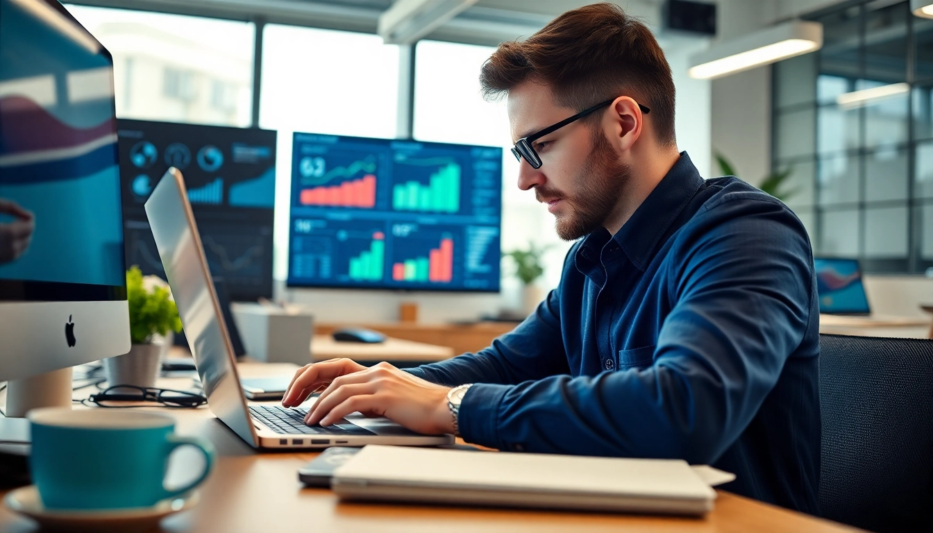 Utilizing linkedin sales navigator data extraction while analyzing data in a modern office.