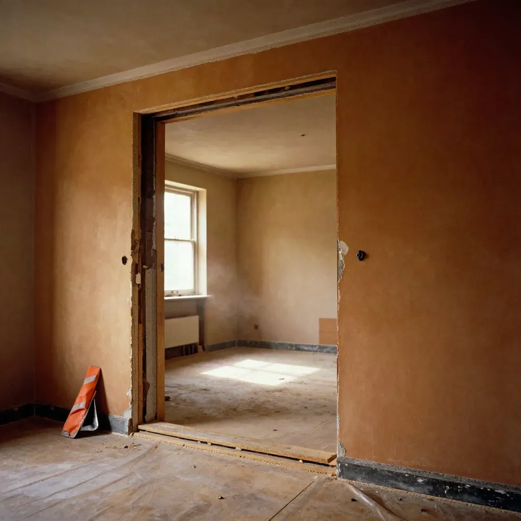 Clean demolition opening in a wall with exposed header and protected floor edge.