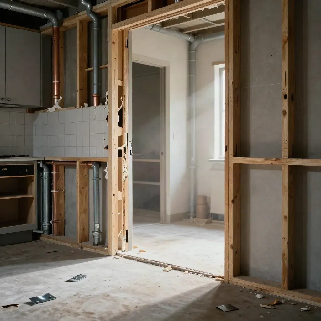 Gutted kitchen stripped to studs with exposed plumbing, torn tile, and a cleared subfloor.