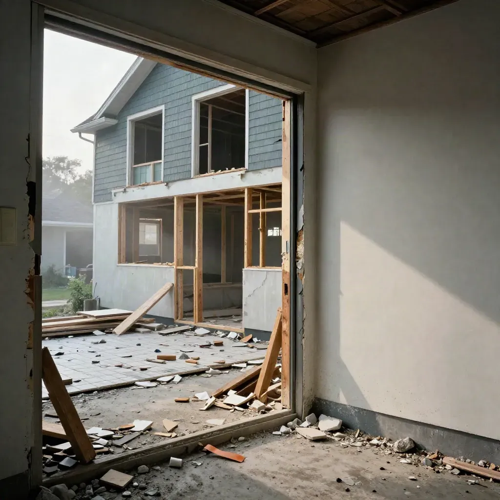 Strip-down kitchen and garage tear-down with rubble, exposed studs, and raking storm light.
