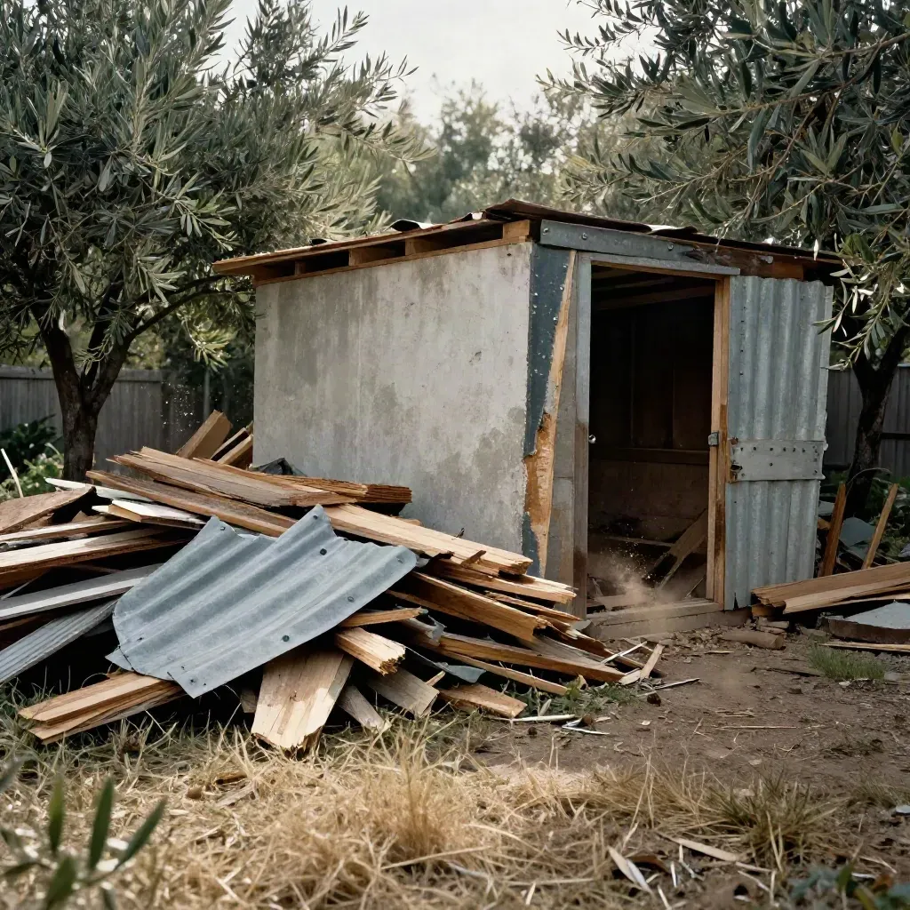 Old shed torn down to lumber piles and corrugated metal beside a cleared backyard footprint.