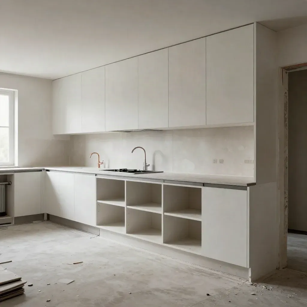 Gutted kitchen strip-out with exposed plumbing, bare drywall, and a clean subfloor ready for remodel.