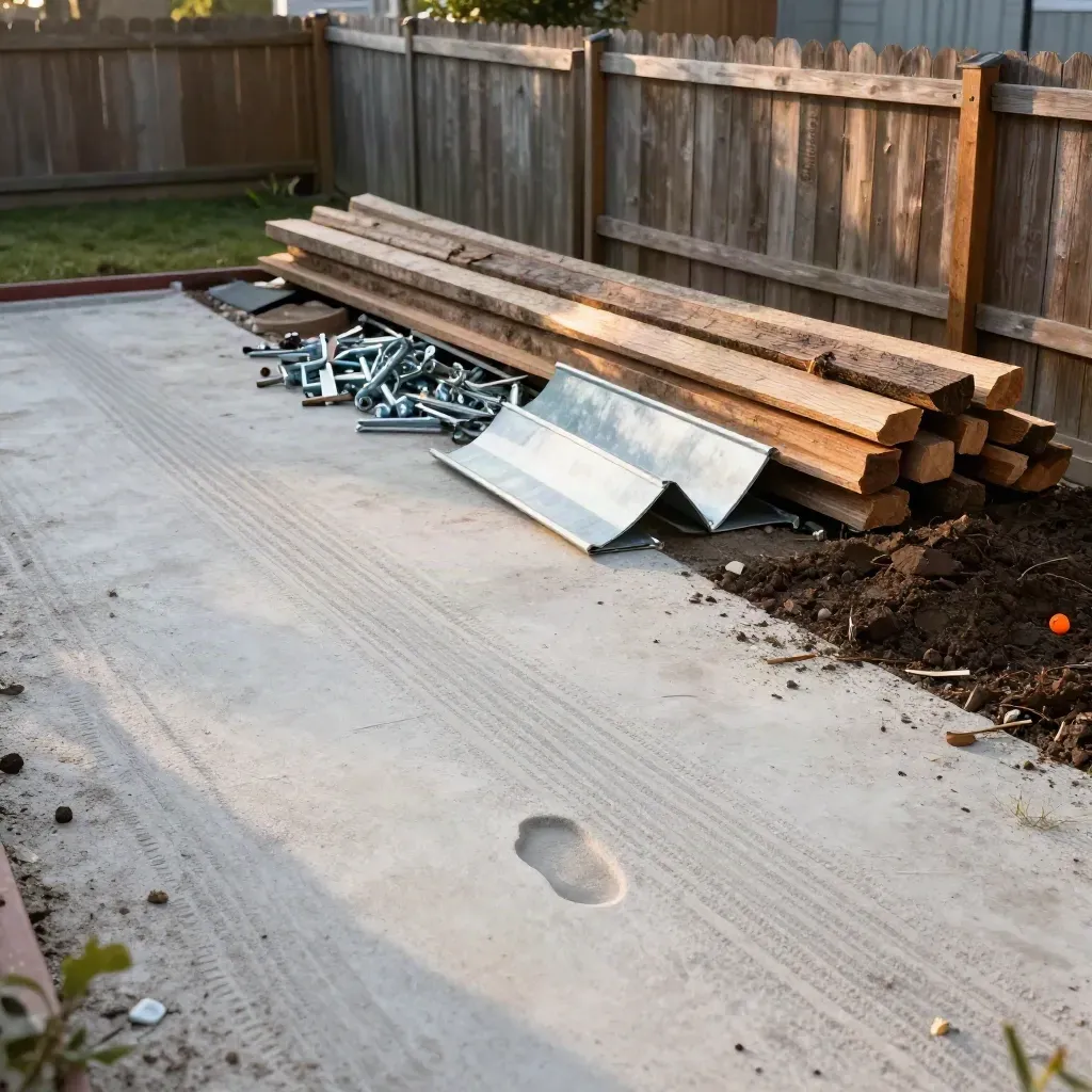 Cleared backyard with raked soil, stacked lumber, and salvaged metal beside a fence.