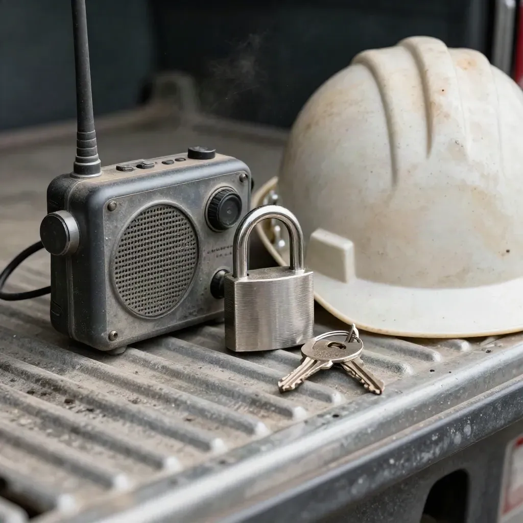 Macro still life of site radio, hard hat, lockout padlock and keys on a steel tailgate.
