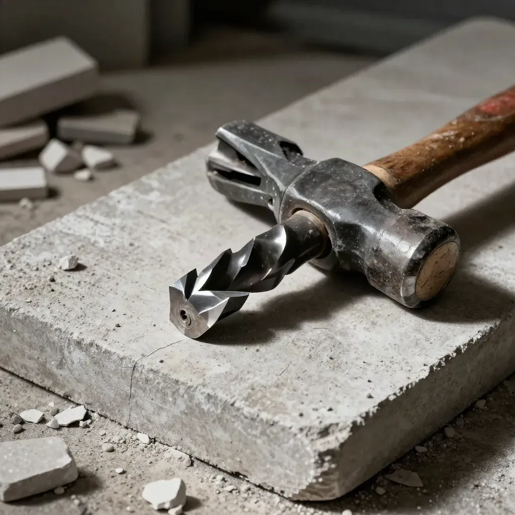 Macro still life of demolition tools on a scratched concrete slab in dramatic light.