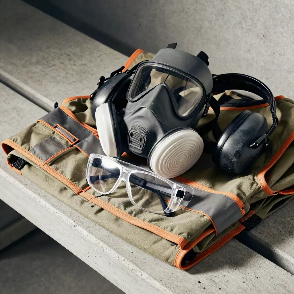 Safety gear arranged on a dusted bench: respirator, glasses, ear defenders, and folded hi-vis vest.