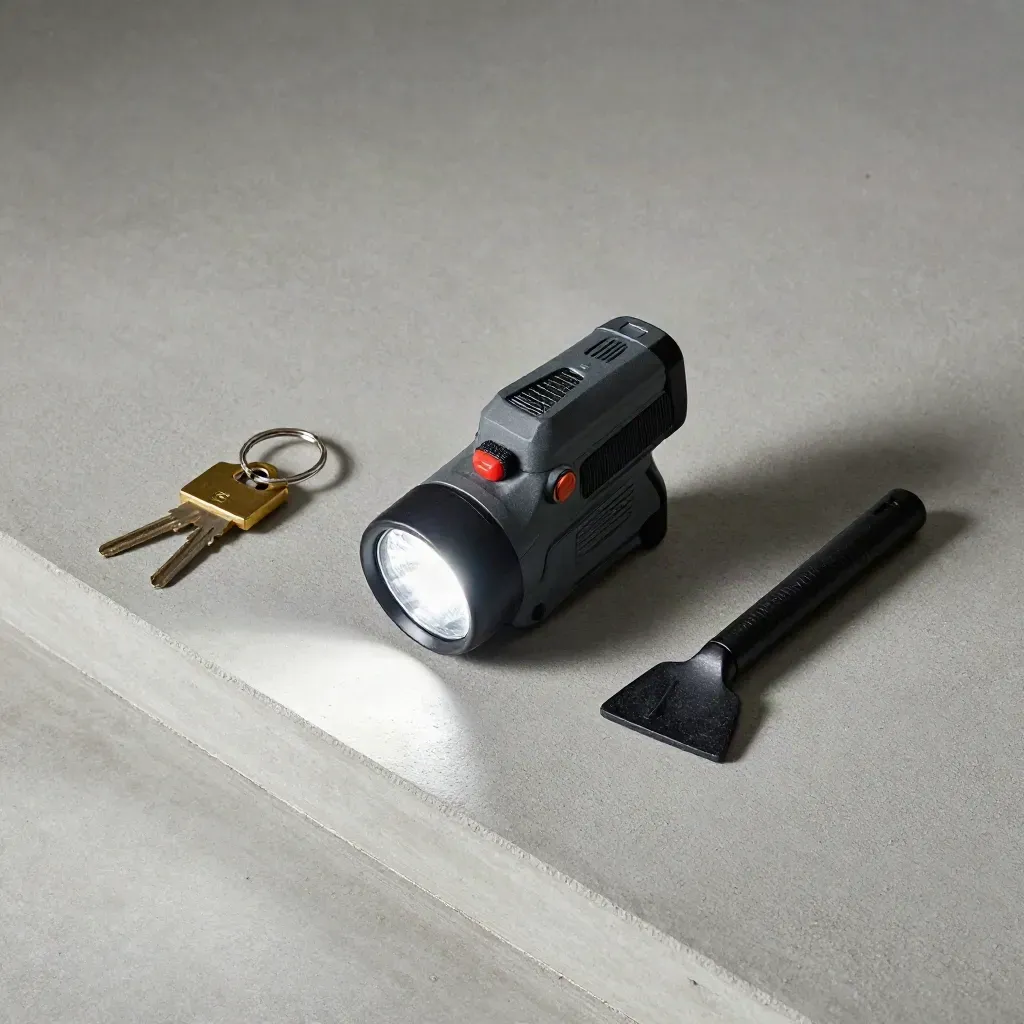 Top-down access kit on a concrete threshold with flashlight, keys, wedge and laser tool.