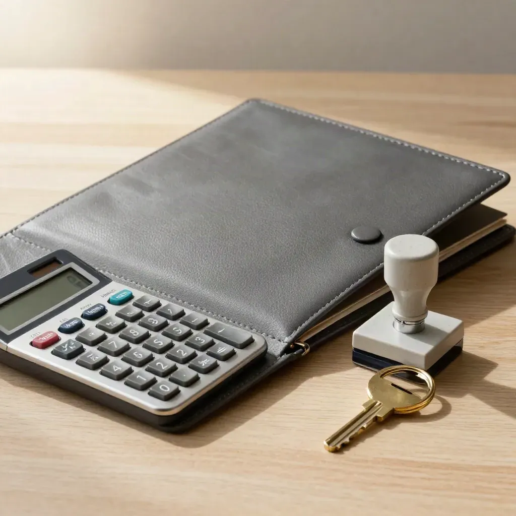 Estimator folder, calculator, permit seal and brass key ring on pale oak.