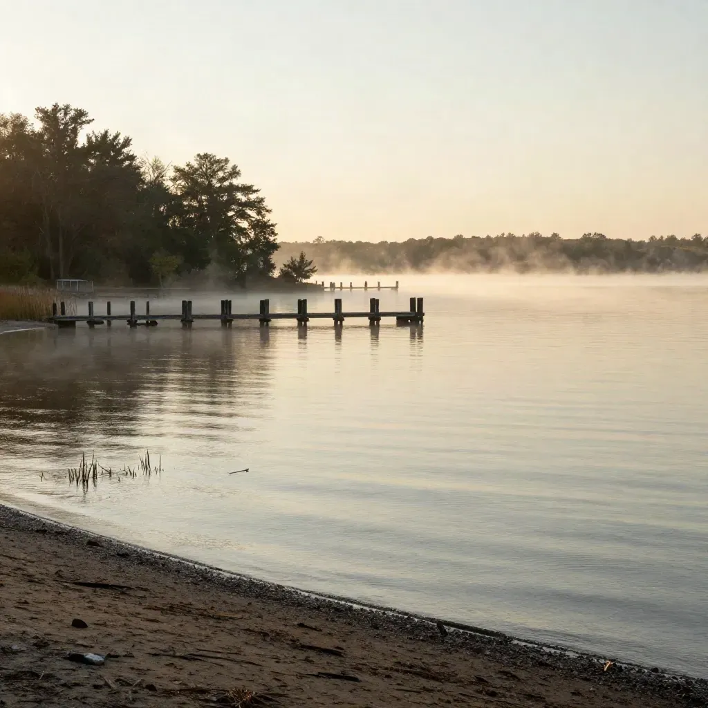Lake Norman shoreline at sunrise with docks, mist, and calm water