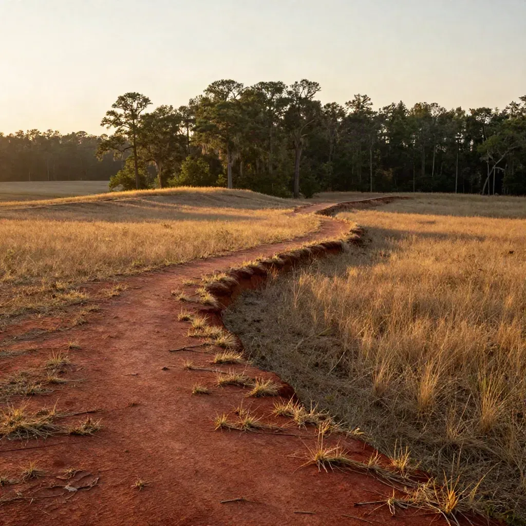 Golden-hour South Carolina field and tree line fading into haze above open copy space.