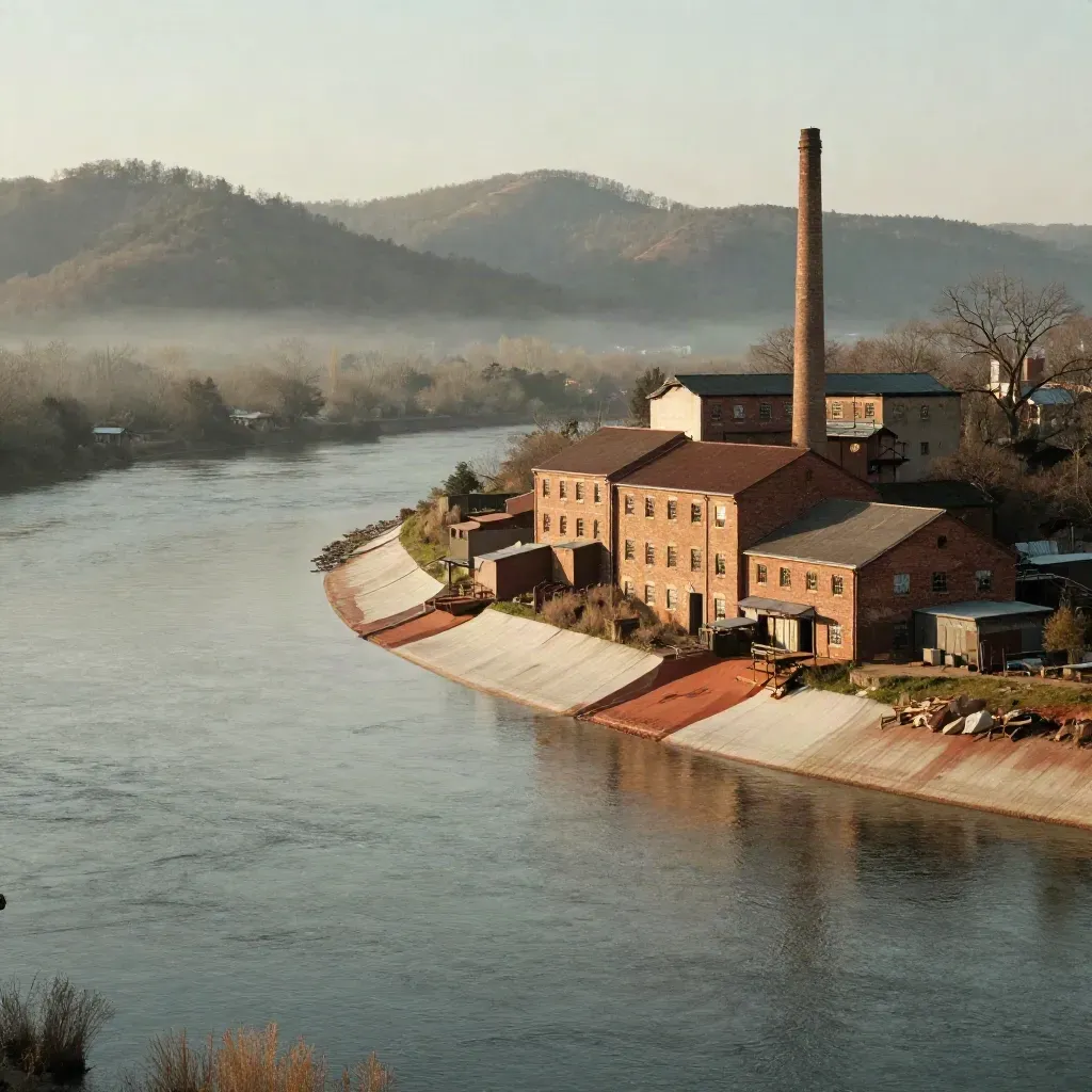 Hazy Gaston County river valley with brick mills, wooded hills, and open water at golden hour.