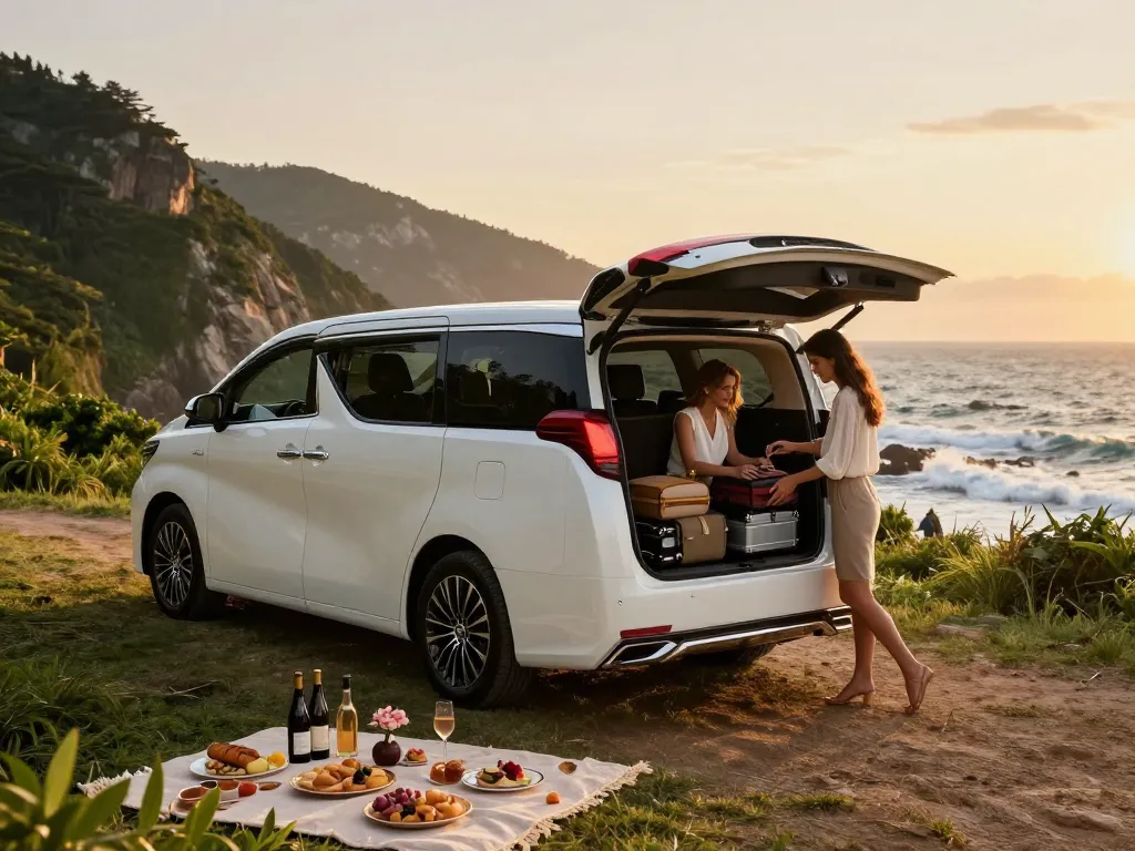 Kinh nghiệm du lịch sang trọng với cho thuê xe Toyota Alphard tại một điểm ngắm hoàng hôn đẹp, thể hiện sự sang trọng và thoải mái.
