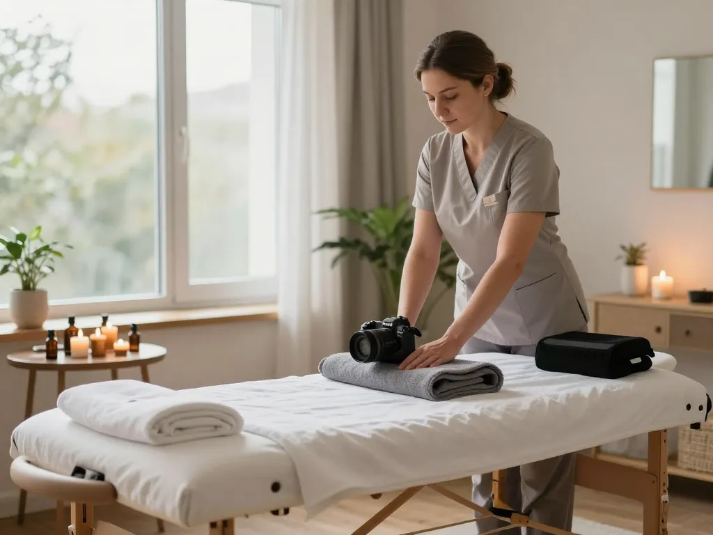 russiamobilemassage.com에 의한 집에서의 모바일 마사지 설정, 편안한 세션을 준비하는 치료사, 진정한 분위기와 아로마테라피를 특징으로 합니다.