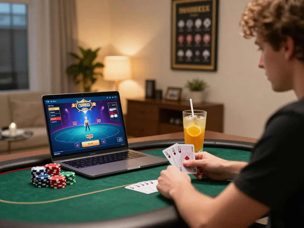 Engaging atmosphere of situs gacor poker gameplay in a stylish home setup with cards and chips