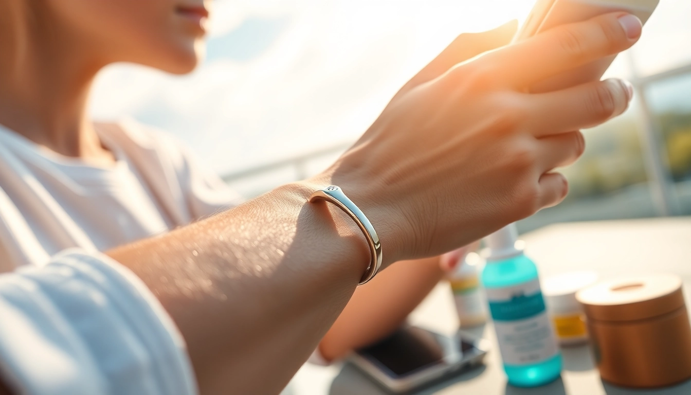 Showcasing a Smart Health Ring with advanced features worn on a wrist in a vibrant outdoor setting.