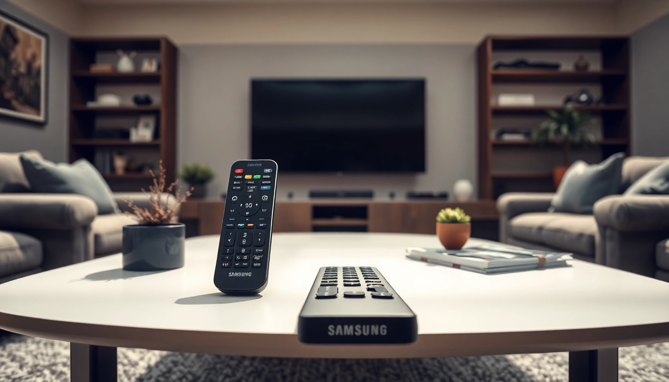 Verwenden Sie die Samsung Fernbedienung auf einem eleganten Couchtisch in einem modernen Wohnzimmer.