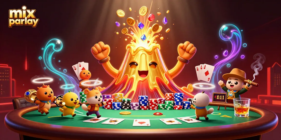 Engage in mix parlay betting as a golden volcano erupts with treasure in a vibrant casino scene.