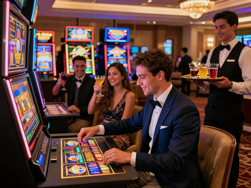 Exciting gaming scene featuring a player at a rokok88 slot machine in a luxurious casino atmosphere, enjoying vibrant lights and social energy.