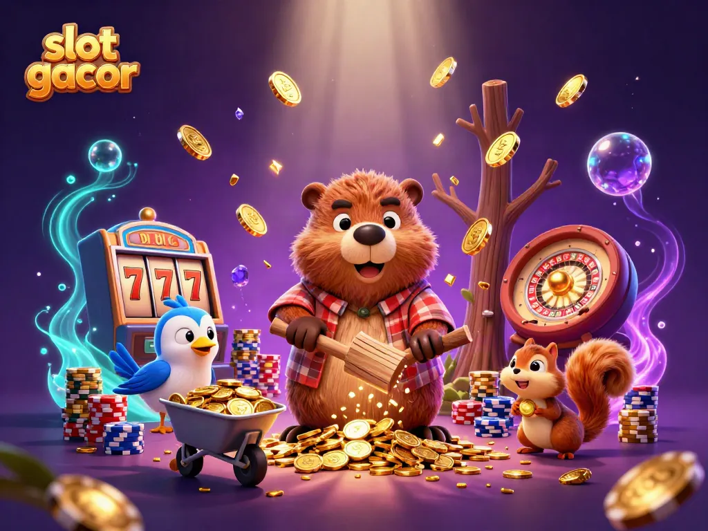 Slot gacor menampilkan karakter kartun yang penuh koin emas, dan mesin slot bertema kasino.